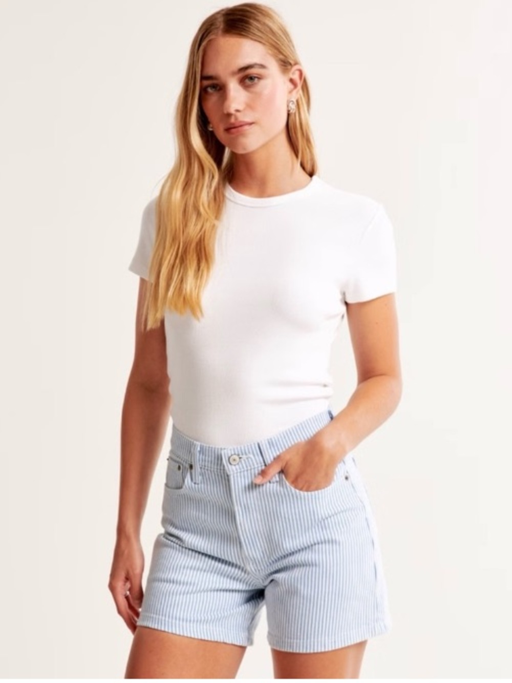 Abercrombie & Fitch Curve Love The Dad Short High Rise Striped Blue Denim 36
